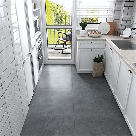 VEELIKE 12-Pack Matte Concrete Peel and Stick Kitchen Floor Tile Grey ...