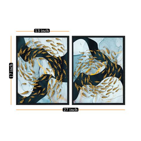 Blue & Golden Abstract Theme Set of 2 Framed Canvas Art Print Painting ...