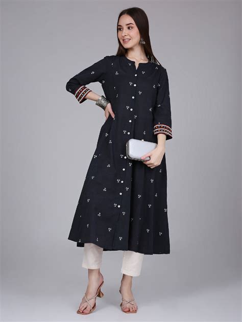 Grey Woven Design Cotton Kurta with Embroidery on Sleeves – Saffron Threads