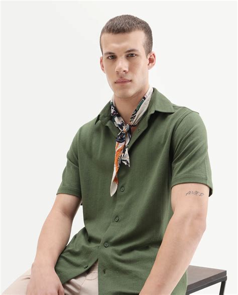 Rare Rabbit Men's Zipo Light Olive Cotton Fabric Spread Collar Relaxed