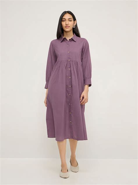 Buy Utsa Purple Pintuck Design Cotton Shirt Dress from Westside