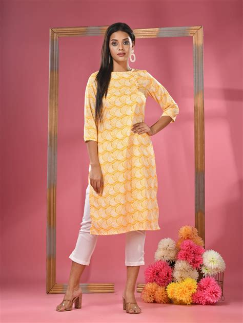 Yellow Printed Cotton Kurta Set With Straight Pant – Charukriti