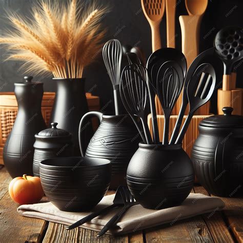 Premium Photo | A collection of sleek black kitchen utensils arranged ...