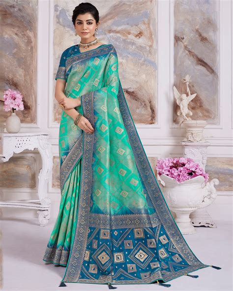 Vishal Prints Aqua Green Designer Dola Silk Weaving And Diamond Work S