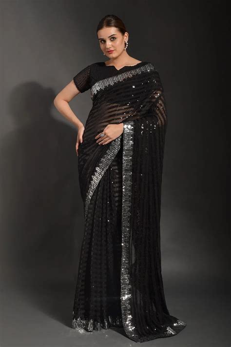 Midnight Muse Black Sequin Saree with Silver Border | Glanzavi ...