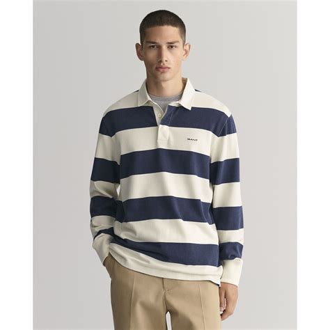 Striped rugby polo shirt in cotton with long sleeves, blue/white, Gant ...