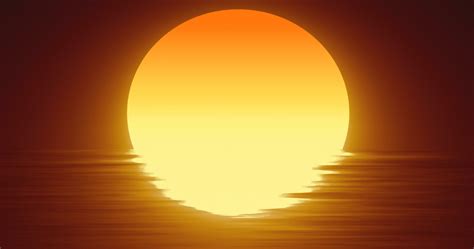 Abstract orange sun over water and horizon with reflections background ...