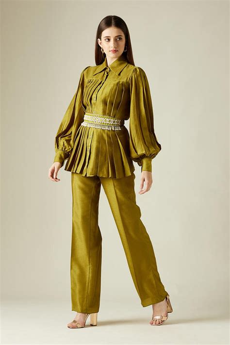 Shop Olive Pleated Co-Ord Set With Embellished Belt by AAKAAR at House ...