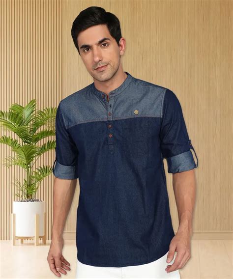 Kuons Avenue Men's Blue Indigo Colourblocked Denim Short Kurta Price in ...
