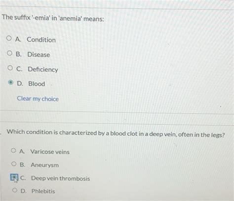 Solved: The suffix '-emia' in 'anemia' means: A. Condition B. Disease C ...