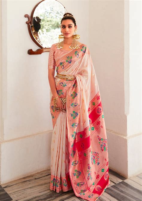 Buy Pure Paithani Silk White Bridal Sarees Online USA for Wedding – Sunasa