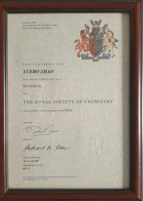 RSC英国皇家化学学会会员证书_荣誉奖励