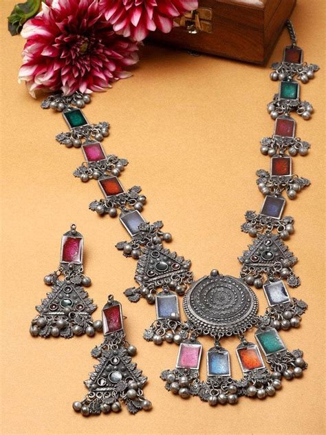 Multi Colored Meenakari Work Silver Plated Jewellery Set