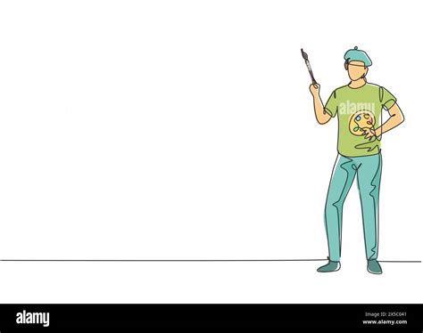 Single one line drawing of young painter man pose standing and holding ...