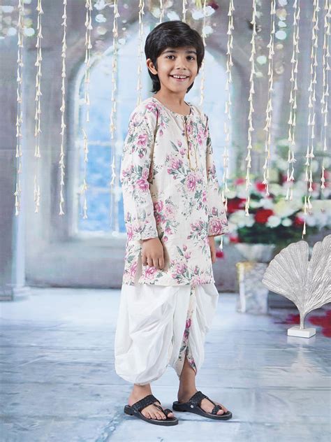 Boys Cotton Full Sleeves Kurta Dhoti with Floral Print and Pearl Butto ...