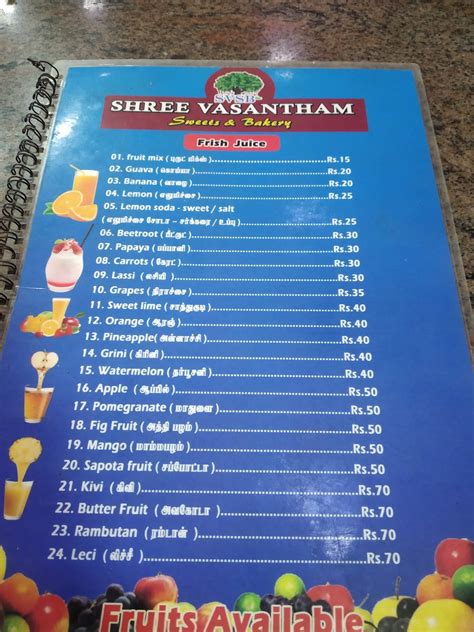 Menu at Shree Vasantham Sweets And Bakery, Chennai