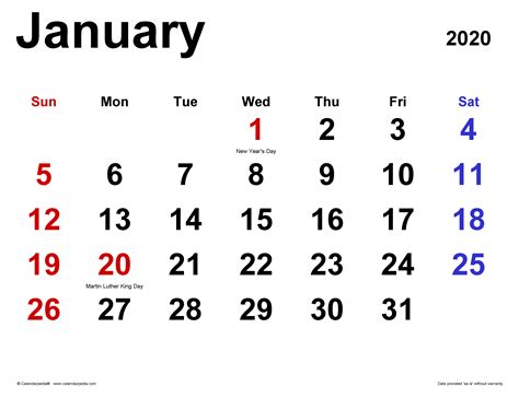 January 2020 Calendar | Templates for PDF, Excel and Word