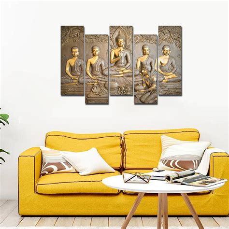 A Beautiful 5 Pieces Wall Painting of Lord Buddha in Temple – Vibecrafts