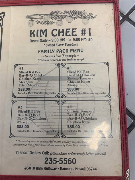Menu at Kim Chee 1 Restaurant, Kaneohe, 46-010 Kamehameha Hwy
