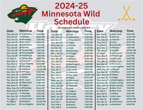 Printable 2024-25 Minnesota Wild Schedule; Matchups; PDF Format ...
