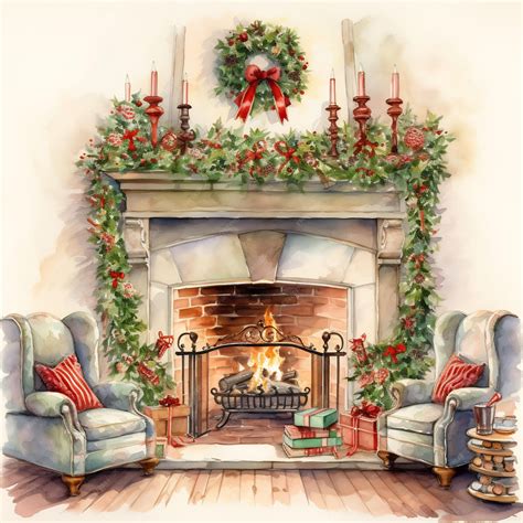 Premium Photo | A drawing of a fireplace with a fireplace and christmas ...