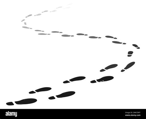 Path of shoe tracks. Walking away footsteps. Foot stamps moving beyond horizon. Soles steps ...
