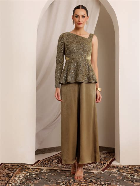 Lila Zari Dark Beige Geometric Peplum Satin Jumpsuit