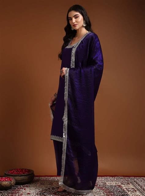 Purple Square V-Neck Zari Embroidered Kurta Set with Dupatta – Mahukaa