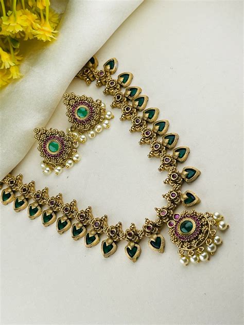 Premium Antique Brass Gold Plated Emerald and Ruby Palaka Necklace ...