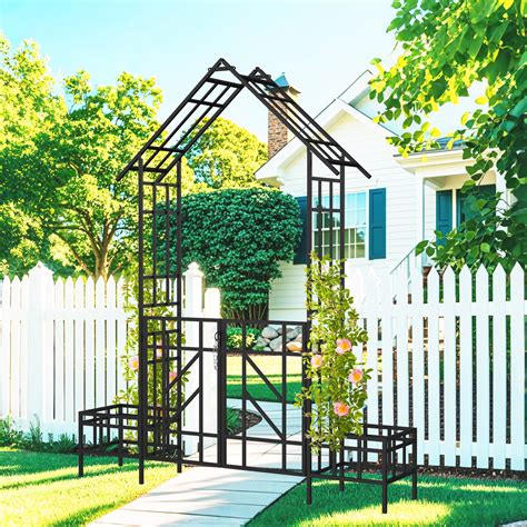 Voyago Black Metal Garden Arch with Gate & Planter W80.71''xH97.24 ...