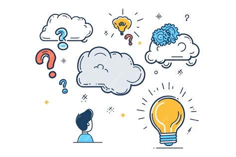 Illustration of thought bubbles with question marks gears and a bright ...