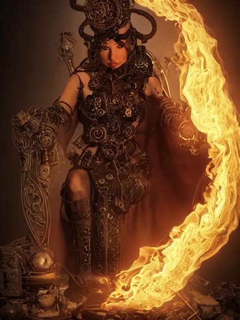 evil steampunk pyromancer woman, ornamental halo, | Stable Diffusion ...