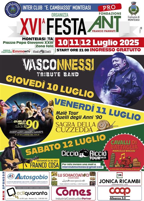XVI^ Festa Pro-ANT 2025 - Monteiasi (Ta), 10-11-12 Luglio 2025, Piazza ...