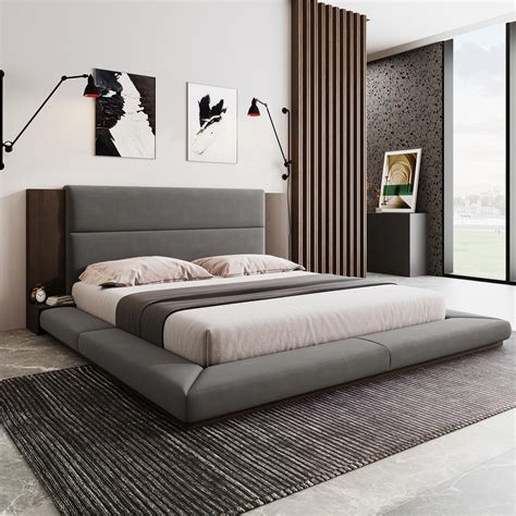 Amazon.com: Aiuyesuo King Size Floor Upholstered Platform Bed with ...