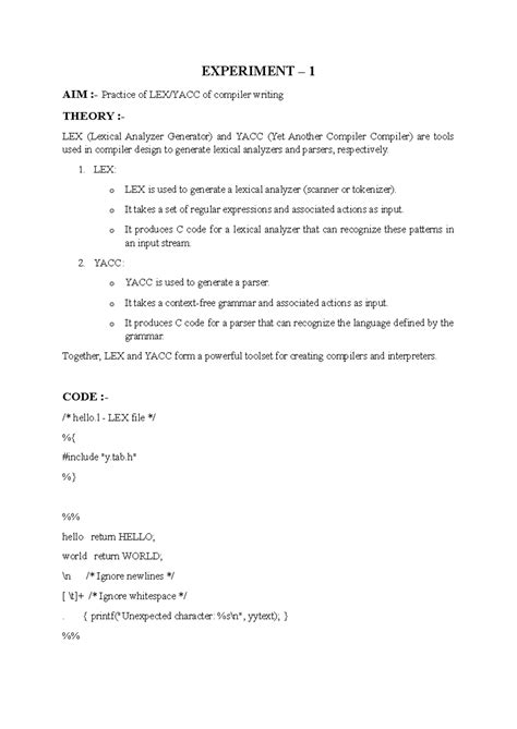 Compiler Design Lab Manual - Experiments with LEX and YACC - Studocu