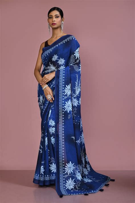 Buy Adara Khan Blue Floral And Haze Print Saree With Running Blouse ...