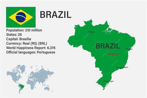 Premium Vector | Highly detailed brazil map with flag capital and small map of the world