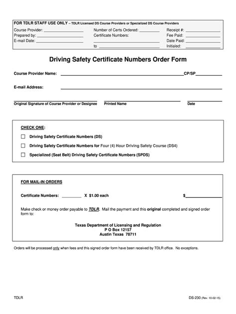 Driving Safety Certificate Numbers Order Form - Blank Fillable Template ...