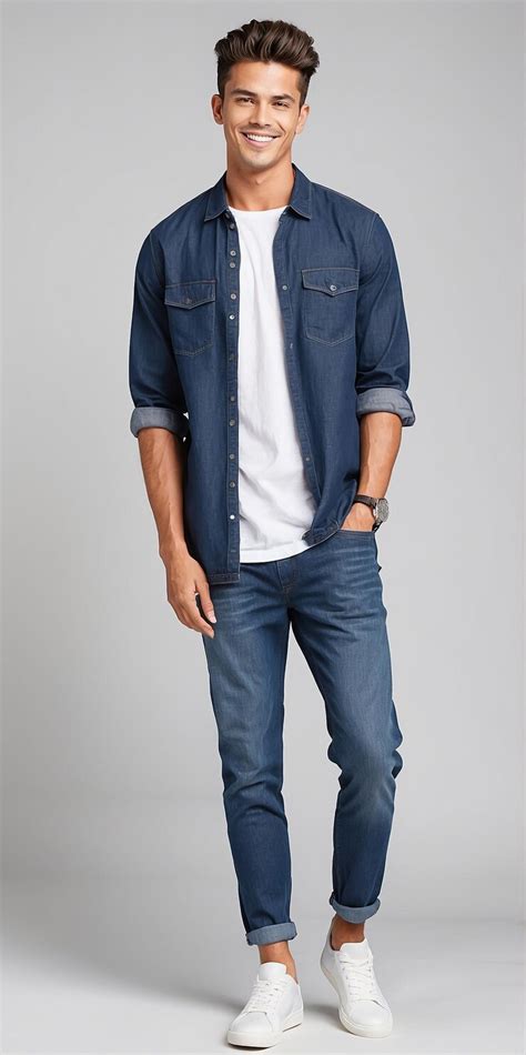 A man in a blue shirt with a button down and a white shirt on | Premium ...