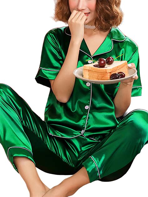 LilyLLL Plus Size Womens Satin Silk Pajamas Set Short Sleeve Sleepwear ...
