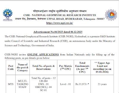 CSIR NGRI MTS Recruitment 2025 Apply Online for 12 Posts | Last date 05 ...