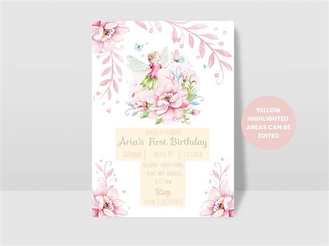 Editable Fairy First Birthday Invitation, 1st Birthday Girl, Woodland Fairy Party, Any Age ...