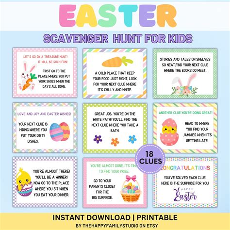 Easter scavenger hunt for kids easter egg hunt clue cards easter treasure hunt clues indoor ...