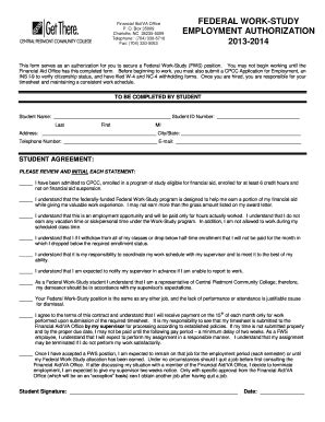Fillable Online cpcc Federal Work Study (FWS) Authorization Form ...