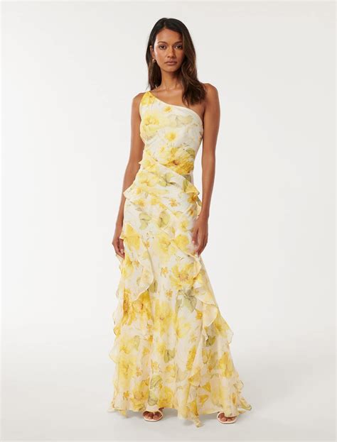 Belle Petite One-Shoulder Ruffle Gown in Yellow Floral Print - Size 0 ...