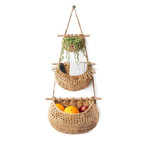 Hanging Fruit Basket, Handmade 3 Tier Woven Jute Wall Basket for ...