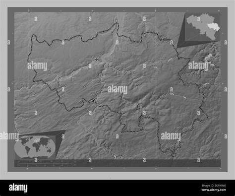 Liege, province of Belgium. Grayscale elevation map with lakes and rivers. Corner auxiliary ... - elevation map of belgium