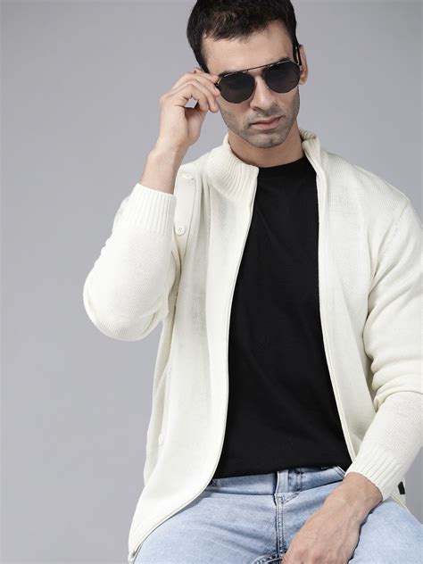 The Roadster Lifestyle Co Men Off White Solid Acrylic Cardigan Sweater ...
