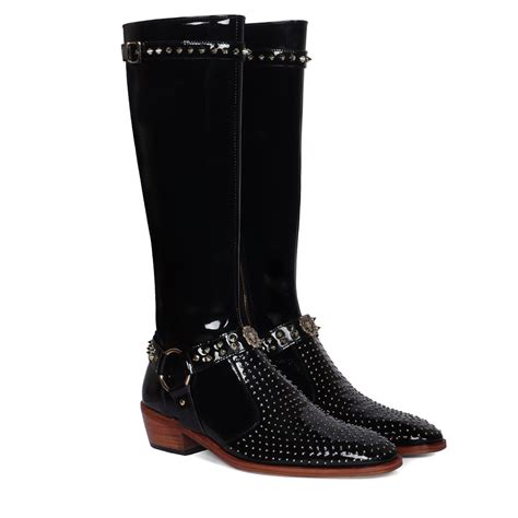 Studded Detailing Knee Hight Cuban Heel Boot in Black Patent Leather w