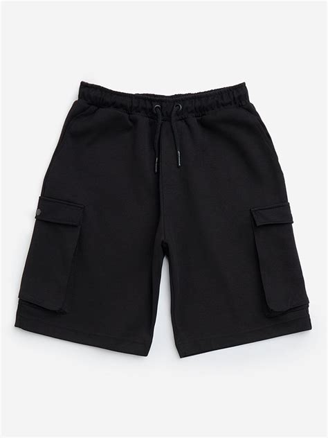 Buy Y&F Kids Boys Black Cargo-Style Mid-Rise Cotton Shorts from Westside